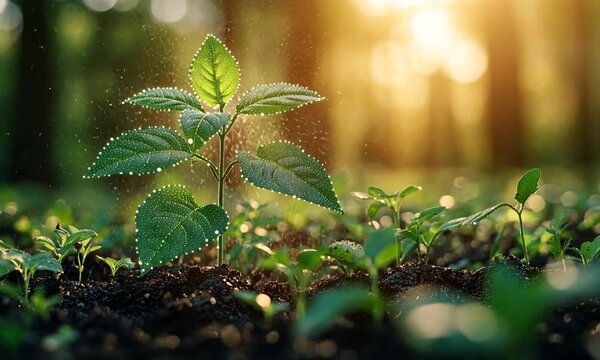 Young plant sprouting in sunlight with droplets, surrounded by greenery in a forested area
