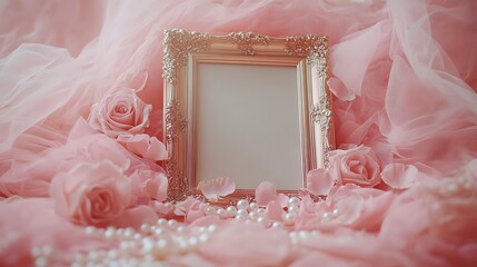 A luxurious still of a rose gold picture frame partially buried in soft rose petals and pearls, surrounded by flowing pink tulle fabric. Created Using: wedding photography techniques,