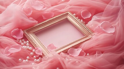 A luxurious still of a rose gold picture frame partially buried in soft rose petals and pearls, surrounded by flowing pink tulle fabric. Created Using: wedding photography techniques,