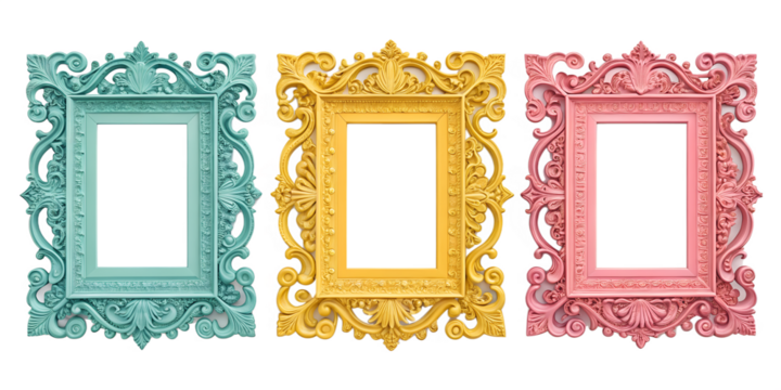 ornate picture frames in bright colors isolated on white background png