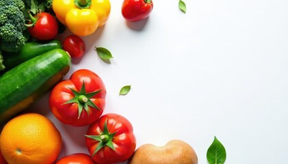 Fototapeta premium Variety of organic fruits & vegetables on white, visual, pure, delicious