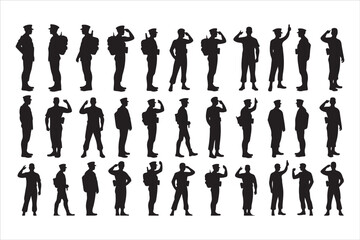 Silhouette of Saluting Soldiers and Officers in Uniform