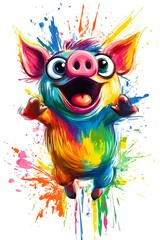 Joyful and colorful cartoon pig jumping with surprise and happiness in colorful splash style, perfect for kids and playful illustrations.
