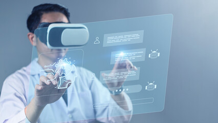 Doctor using VR headset and AI-powered interface for healthcare diagnosis and innovation, highlighting future medical technology and virtual data intelligence.