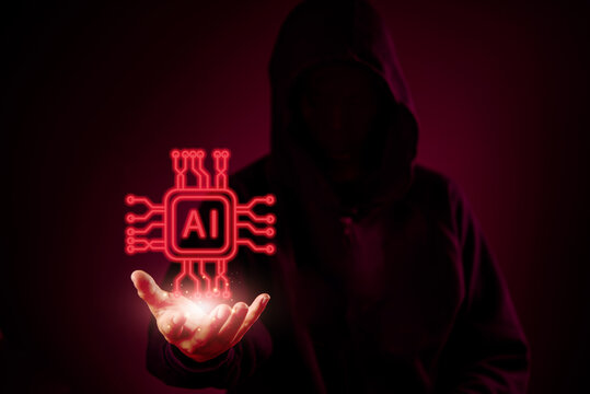 AI hacker holding a glowing red chip symbolizing artificial intelligence in cybercrime, darkweb, and digital technology threat for cybersecurity and malware protection.