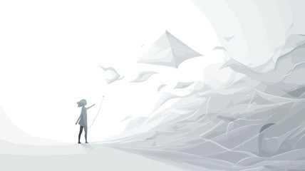 The painting presents a minimalist monochrome composition, dominated by white and grey, with a stylized figure of a child in the foreground, seemingly holding or interacting.