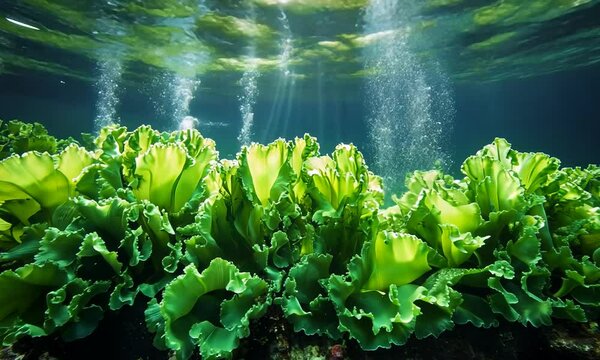 Lush underwater scene featuring vibrant green sea lettuce swaying in clear water with bubbles