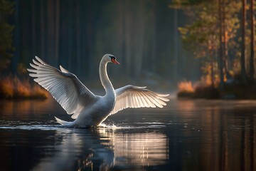 Majestic White Swan Spreading Wings on Calm Lake at Sunrise