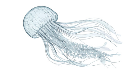 Presenting a detailed pencil sketch or digital illustration of a jellyfish. The jellyfish is depicted in a light blue, almost translucent hue, highlighting its delicate nature.