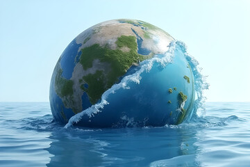 Fototapeta premium Planet Earth sinking and drowning in rising sea water, climate change concept