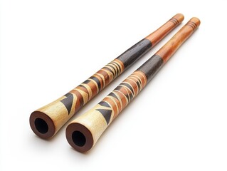 Pair of Aboriginal Didgeridoos with Intricate Brown Black and Beige Patterns on White Background