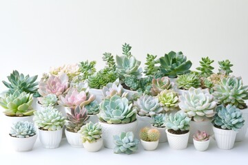 A beautiful arrangement of various succulents in white pots, showcasing different colors and textures against a clean, white backdrop, giving it a modern vibe.