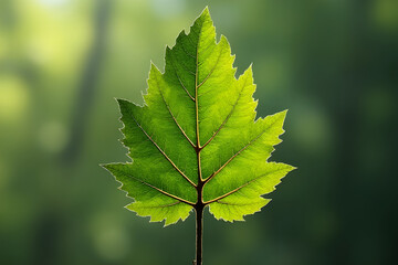 Fototapeta premium Backlit green leaf glowing in the sunlight with blurred green background