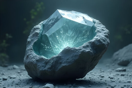 Glowing kyber crystal emerging from cracked rock on an alien planet