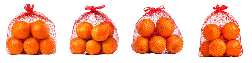 A stack of netted bags containing fresh oranges or tangerines. long_title:A collection of netted bags filled with bright orange citrus fruits, likely