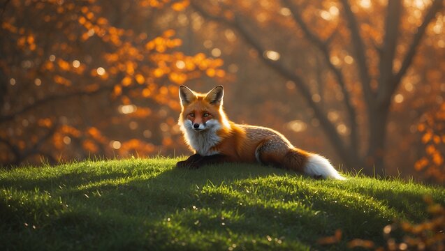 Red fox resting on grassy hill in autumn sunlight nature - Powered by Adobe