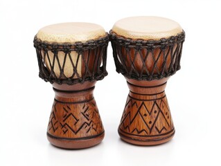 Pair of Intricately Carved Brown Wooden Drums with Beaded Rims on White Background