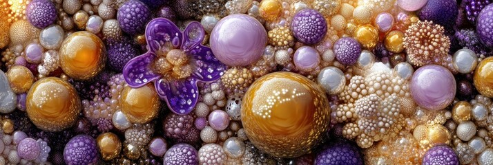 A cluster of various sized, glossy,  faceted orbs in  purples, golds, and creams