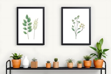 Cozy Interior with Framed Botanical Prints and Potted Plants on a Black Metal Shelf Against a White Wall                                              