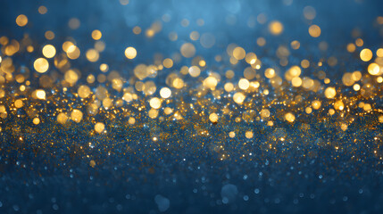 Festive golden bokeh lights shimmer across vibrant blue background to evoke celebratory mood