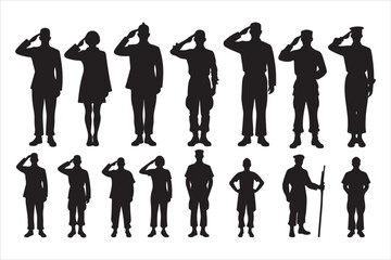 Silhouette of Saluting Soldiers and Officers in Uniform