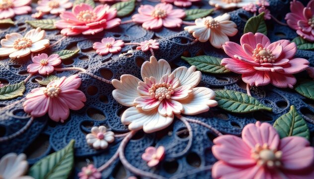 Intricate floral pattern lace fabric close-up, mesh, guipure