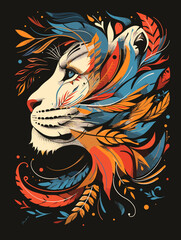 Lion head with feathers. Hand drawn vector illustration on black background