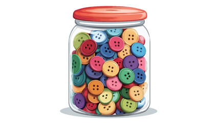 This digitally rendered close-up overhead view depicts a clear glass jar filled with small round buttons of various colors. The buttons slightly reflect the surrounding light.