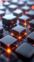 Glowing Orange Lines Connect Black Metallic Cubes On Dark Surface