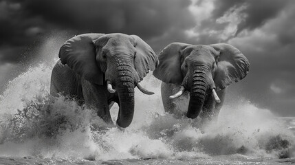 Majestic black and white image of two elephants wading through water, capturing their powerful presence