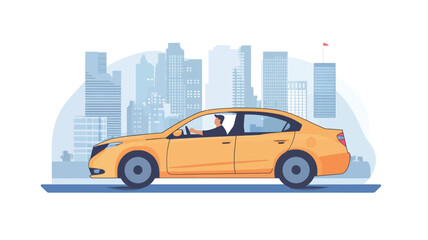 Naklejka premium A stylized vector illustration of a yellow car in side view, driving on a road with a pastel cityscape in the background. The car is rendered in a flat, minimalist style with clean lines.