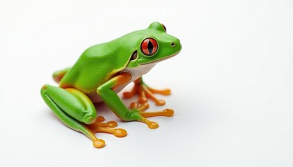 Fototapeta premium Green tree frog perched on white, vibrant skin, amphibian photography, frog, tree frog