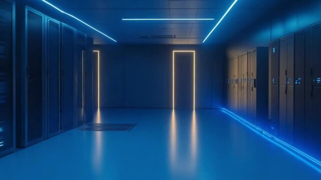 Modern server room lit by vibrant blue and yellow neon lights.  Rows of server racks are neatly arranged along both sides of a hallway. A bright doorway leads deeper into the space