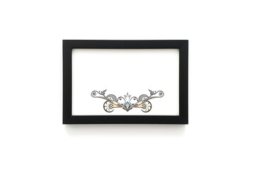 Fototapeta premium Framed Abstract Ornamental Drawing on White Wall, Black Frame, Fine Art , Empty Space Above Illustration for Text or Design, Studio Shot 