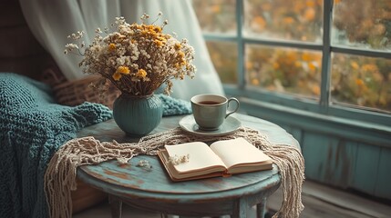 A vintage table with a wooden frame wrapped in dried flowers, macrame bands trailing over the edge, next to a journal and tea. Created Using: lifestyle editorial setup, vintage boho feel,