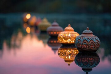 A serene row of ornate, glowing lanterns reflected on a glassy lake surface under a tranquil, dusky sky.