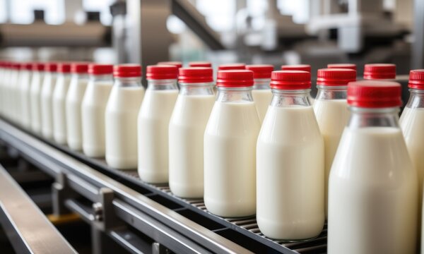 Row of milk bottles with red caps on factory conveyor belt - Powered by Adobe
