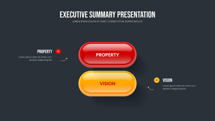 Fototapeta premium Corporate Visualization Two Element Diagram Slide Template. Product Strategy 2 Option Infographic Frame Layout. Sales Performance Slideshow Design Vector Illustration.