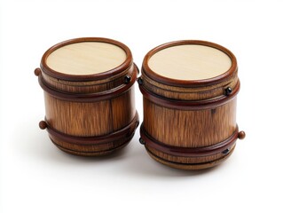 Pair of Small Cylindrical Wooden Barrels with Dark Brown Bands on White Background