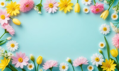 Obraz premium Vibrant floral border on blue background with daisies and tulips