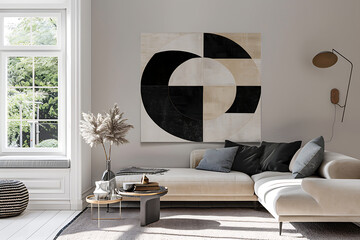 Modern Living Room with Beige Couch, Abstract Art, and Stylish Coffee Table