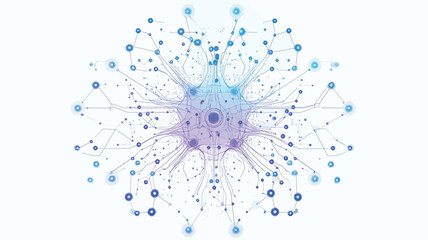A stylized illustration of a neural network. The image shows a central node in different shades of purple and blue, with many smaller nodes radiating outward that are connected to each other.