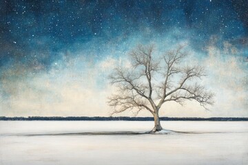 Solitary tree in winter wonderland under starry sky
