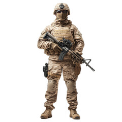 Fototapeta premium Fully geared soldier stands confidently with a rifle against a plain transparent background during daytime training session, Fully Geared Soldier Holding Rifle on transparent background