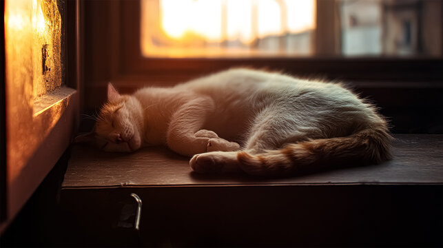 fluffy orange cat squints while lying on the windowsill in the rays of the morning sun. Comfortable sleep.