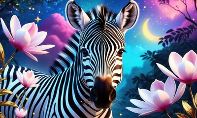 Vibrant zebra among blossoms at night in magical dreamscape