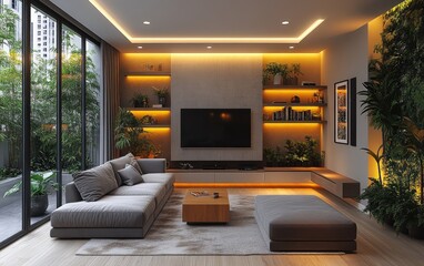 Modern apartment living room with plants, city view