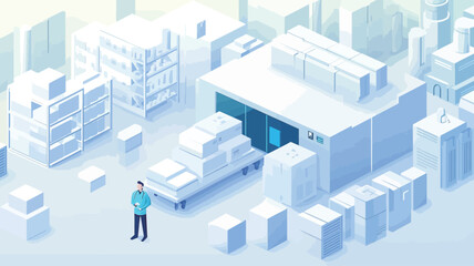 This is a digitally rendered isometric illustration of a cleanroom or laboratory environment. The style is minimalist, using primarily white and light blue tones.