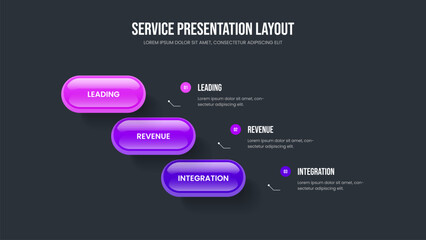 Financial Overview 3 Option Diagram Slide Layout. Advertising Strategy Three Step Infographic Frame Template. Corporate Solution Presentation Design Vector Illustration.