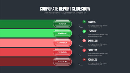 Advertising Overview Presentation Template Vector Illustration. Service Growth 5 Element Infographic Frame Layout. Visual Briefing Five Option Diagram Slide Design.